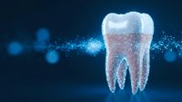 Digital tooth model with glowing particles on dark blue background for dental healthcare and oral hygiene concepts in medical presentations.