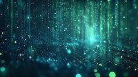 Glowing turquoise digital network with falling particles and light streaks creates futuristic technology background for business and science presentations.