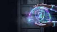 Hand holding glowing neon padlock hologram representing cybersecurity, data protection, and digital safety for tech and business applications.