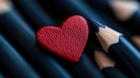 Red heart shape on black pencils background with shallow depth of field, romantic creative concept for Valentine's day cards and love messages.