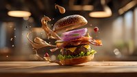Exploding burger with beef patty, cheese, bacon, lettuce, and red onion on sesame bun with sauce splashing in restaurant setting.