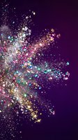 Colorful glowing particles and sparkles burst across a deep purple background, creating a dynamic explosion effect with shimmering light and energy for celebrations and special events.