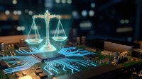 Digital justice scales with glowing circuit patterns on modern desk representing legal technology and artificial intelligence in law practice.