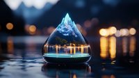 Glowing mountain peak floating in glass sphere with city lights reflection on water surface at night, magical fantasy art composition for wall decor.