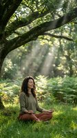 Young woman with curly hair meditating in peaceful forest setting with sunlight filtering through trees, practicing mindfulness and wellness outdoors.