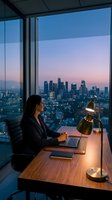 Professional woman working at high-rise office desk overlooking illuminated city skyline at twilight, laptop and lamp on wooden table, floor-to-ceiling windows, corporate workspace.