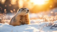 Prairie dog emerging from snow at golden sunset, backlit by warm sunlight with bokeh effect in background, wildlife winter scene captured in natural habitat.