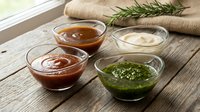 Four glass bowls with different colored sauces and condiments on rustic wooden table with burlap fabric and rosemary sprig for culinary presentation.