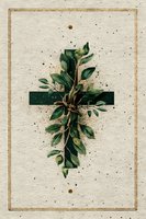 Green bay leaf cross on textured kraft paper background with gold frame border, symbolizing faith and nature for religious or spiritual designs.