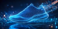Glowing digital sneaker with particle effects and light trails on dark background, futuristic sports footwear concept for athletic and technology designs.