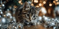 Adorable tabby kitten lying in silver Christmas tinsel garland with warm bokeh lights in background, creating festive holiday atmosphere.