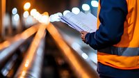 Worker in safety vest reading document at night with blurred lights background, industrial setting with bokeh effect creates dramatic atmosphere.