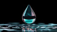 Glowing turquoise water drop suspended above rippling surface, captured at moment of impact against dark background with dramatic lighting.