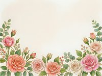 Watercolor roses and eucalyptus leaves arranged along bottom border on cream background, isolated design element suitable for wedding invitations, greeting cards, and floral stationery projects.