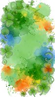 Watercolor shamrock clover frame with leprechaun hat on colorful paint splash background for St. Patrick's Day celebration and Irish holiday greeting cards.