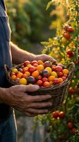 Farmer hands holding wicker basket full of colorful heirloom tomatoes in sunny garden during harvest season with warm golden light and blurred vegetable plants.