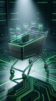 Futuristic shopping cart with holographic interface displays on digital circuit board background for ecommerce technology and retail innovation concepts.