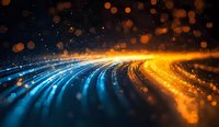 Abstract digital wave of blue and gold light particles flowing in curved motion against dark background with bokeh effect.