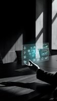 Businesswoman in dark suit interacting with holographic display showing digital icons, network connections, charts and analytics on transparent screen in modern office with dramatic lighting.
