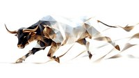 Geometric low poly bull charging forward with dynamic fragments effect in brown and white tones, abstract modern art style for business and finance concepts.