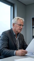 Senior male professional with gray hair and glasses reviewing documents at desk in modern office with natural light from window.