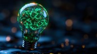 Glowing green brain inside light bulb on dark background with bokeh effect, symbolizing innovation, artificial intelligence and creative thinking process.