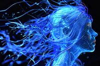 Ethereal blue glowing female profile with flowing luminescent hair and particles against dark background, artistic fantasy portrait for creative projects.