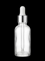 Clear glass dropper bottle with silver cap isolated on transparent background, ready for cosmetic branding, skincare mockups, stickers, and print on demand design use.