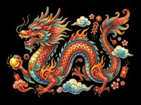 Colorful traditional Asian dragon with ornate scales, flowing mane, and decorative clouds isolated on transparent background. Ready for t-shirts, clipart, stickers, sublimation, and print-on-demand designs.