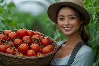 Young Asian woman farmer holding basket of fresh red tomatoes in greenhouse, wearing hat and casual clothing while smiling at camera during harvest.