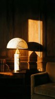 Elegant mushroom lamp casting warm glow on wooden desk in dark study room with sunlight streaming through window, creating dramatic shadows and sophisticated interior ambiance.