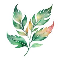 Watercolor botanical green and coral leaves on branch with gradient color effect, isolated on white background for decorative design projects.