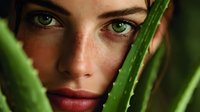 Close-up portrait of young woman with green eyes and freckles peeking through aloe vera leaves, creating a natural beauty concept.