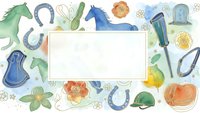Watercolor equestrian elements frame with horses, horseshoes, boots and flowers on white background for greeting cards and invitations.