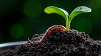 Young green sprout growing from soil with red caterpillar crawling near tender leaves against dark background with bokeh lights, macro nature photography.