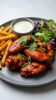 Glazed chicken wings with golden fries and fresh salad greens served on gray plate with creamy dipping sauce for restaurant menu or food delivery.