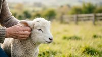 Farmer's hands gently holding young white lamb in pastoral countryside setting with green fields and wooden fence in soft natural daylight.