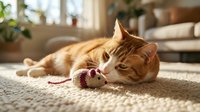 Ginger tabby cat lying on beige carpet indoors, playing with pink toy mouse, relaxed pet in bright living room with furniture and plants.