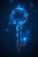 Glowing digital key constellation with connected dots and lines on dark blue starry background, representing network security and access technology.
