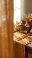 Warm autumn still life with clay pottery, wheat stalks and dried leaves on wooden table by window with golden sunlight streaming through curtains.