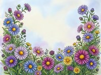 Colorful wildflower border with purple, pink and blue daisies on watercolor background. Floral frame design for greeting cards, invitations and decorative projects.