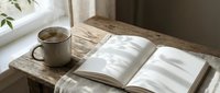 Cozy reading corner with open book and steaming coffee mug on rustic wooden table by sunny window creating peaceful morning atmosphere for relaxation.
