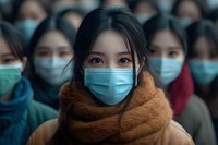 Young Asian woman wearing protective face mask and brown scarf surrounded by crowd in masks, depicting pandemic safety measures and public health awareness.