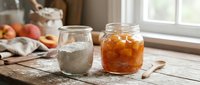 Fermented beverages in glass jars on wooden surface with fresh apples and kitchen window in background, showcasing probiotic drinks and healthy fermentation process.