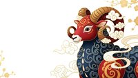 Ornate ram head with curved horns and decorative patterns in traditional Asian art style on white background for lunar new year celebrations.