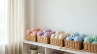 Colorful yarn balls organized in wicker baskets on white shelf near window. Soft natural lighting creates cozy crafting atmosphere for knitting projects.