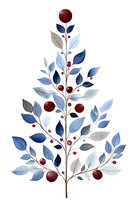 Elegant botanical composition with blue and gray leaves on brown branches adorned with deep red berries on white background, suitable for seasonal decor.