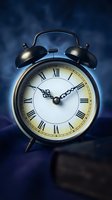 Vintage brass alarm clock with Roman numerals on dark moody blue background, evoking nostalgia, mystery and the passage of time.