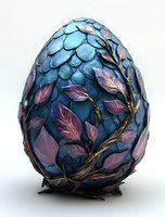 Mystical dragon egg with turquoise scales and purple leaves entwined by golden branches on white background, fantasy art style decoration piece.
