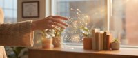 Hand touching glowing digital network connections in modern office workspace with warm sunlight streaming through window creating futuristic technology concept.